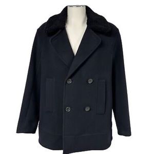 Vince Mens Melton Navy Wool/Cashmere Peacoat with Shearling Collar - Large